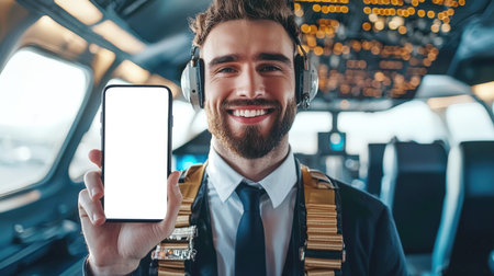Phone mockup. Portrait of an attractive sexy pilot in a uniform in an airplane cabin. The man is smiling and holding a white-screen phone in his hand to advertise a mobile app about cheap flights. He's wearing a tie and headphones.の素材