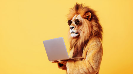 A confident, brutal lion in sunglasses and a terry dressing gown holds a laptop computer on a yellow background. The concept of productive work, relaxation, fun and playfulness, since leo is dressed like a human and works at a computerの素材