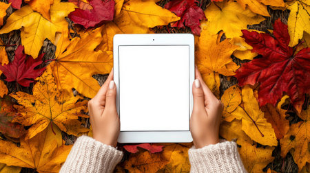 Close-up of a fashionable silver tablet with a white screen in the hands of a woman, top view. An autumn-themed tablet mockup. Invitation to the autumn festival in the park. Advertising a website or application. The concept of tranquility and respect for natureの素材