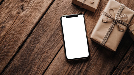 A phone with an empty white screen lies on a wooden table next to the gifts, top view. September 5 is the International Charity Day. Phone mockup. The box is wrapped in brown paper and decorated with a bow.の素材
