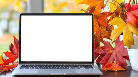 Invitation to the autumn festival. A laptop with a white blank screen sits on the table next to a white cup of coffee and an armful of red and yellow maple leaves. Laptop mockup. The leaves add natural beauty to the landscape.の素材