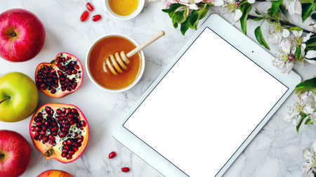 Rosh Hashanah. The concept of abundance, freshness and proper nutrition. Mockup of a tablet with a white screen, top view. Presentation of a website or application with discounts, promotions and sales for the Jewish New year.の素材