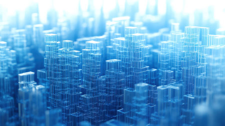 The concept of a futuristic city. An urban landscape with high-rise buildings made of glass. The image looks structured and modern. The concept of code programming. Abstract backgroundの素材