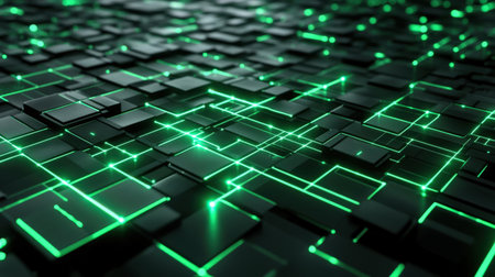 An abstract matrix. A futuristic concept. A computer chip in a green and black color scheme. The image consists of many small squares, each of which is illuminated by a bright green light. The squares are arranged in a grid patternの素材