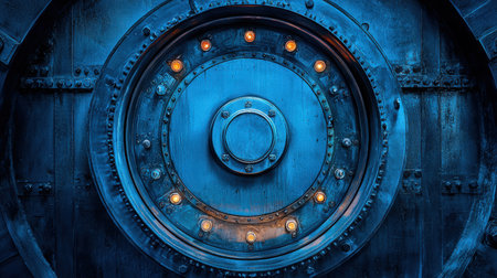 The blue gateway of an old spaceship. The bunker door. Round metal doors of the bomb shelter. An armor-piercing safe. Protection and safety. A blue metal object with a round hole in the middle. The hole is surrounded by many lightsの素材