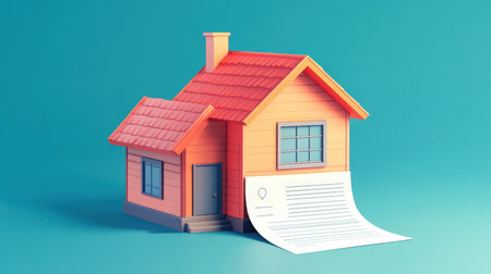 The concept of buying a country house. Housing insurance. A cute cartoon house with a red roof and a house rental document. Stylish three-dimensional house icon on a blue background.の素材