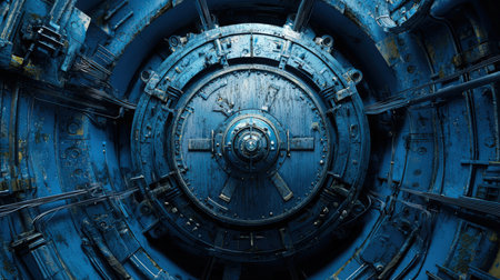 A blue spaceship with a big round old metal door. The time-worn bunker door. A shelter in case of war. The space gateway. Protection and safety. Bank safe deposit box. An ancient round mechanismの素材