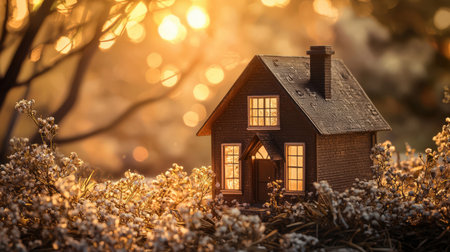 The concept of selling and buying a house. Rent a home, receive an inheritance, or insure real estate. A small house stands on a flower field. The picture is peaceful and sereneの素材