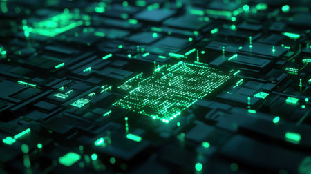 A computer chip. The motherboard consists of many small green squares, and all the squares are highlighted. Processor. Artificial intelligence. The image has a futuristic and technological atmosphere.の素材