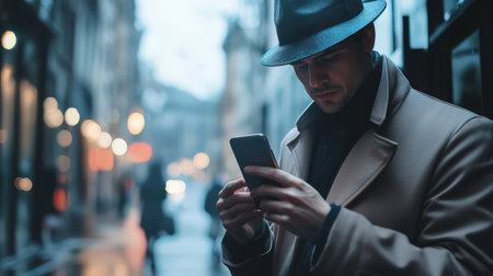 A stylish man in a hat and coat, walking down the street, looks at his mobile phone. The profession of a detective or inspector. The action takes place in a city at night, where lights and shadows create a gloomy atmosphere.の素材