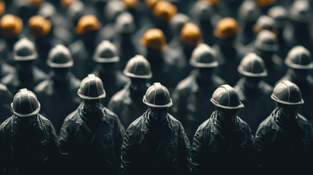 The concept of slavery. A group of people in hard hats. Construction workers' strike. The concept of unity and teamwork, when all employees are dressed the same and it seems that they are working together to achieve a common goal.の素材