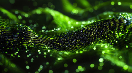 A green, shiny surface with lots of small dots. Development of the latest nano-canvas. The time matrix. Abstract green wave in futuristic style. Cosmic backgroundの素材