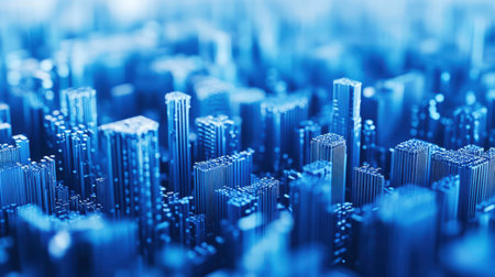 Protection and safety. A futuristic urban landscape with numerous buildings and skyscrapers is shown in blue. Computer processor. The motherboard. Artificial intelligence. The city looks technologically advanced.の素材