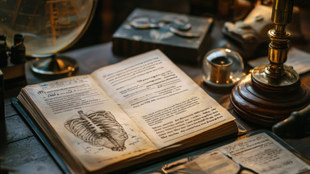 An old office of a surgeon or pathologist. The ancient book is open to a page that depicts the skeleton of a rib cage. The medical textbook is surrounded by other objects on the table, including a cup and a globe. This scene suggests curiosity.の素材