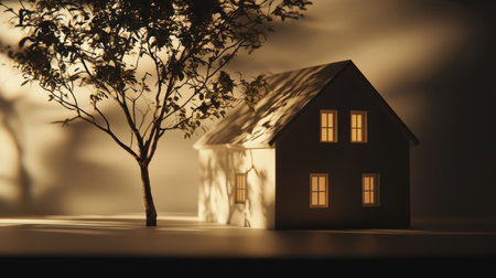 The concept of a secluded place. A house with a tree in front of it. The lights are on in the house. Housing insurance. Rent, sale, purchase of a cottage. Lonely old age. Heritageの素材