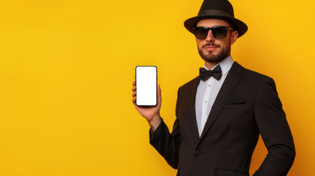 A secret agent in a stylish black suit, white shirt, bow tie, hat and sunglasses holds a cell phone with a white screen on a yellow background in his hand. Phone mockup. The concept of sophistication and modernityの素材
