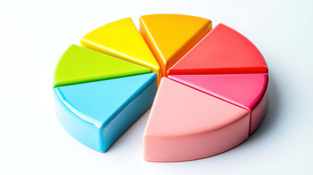 Toon icon for the business report. Statistics and data analysis. The colorful pie chart is divided into seven parts, each of which has its own color. The diagram is made on a white background, and the colors are bright and attractive.の素材