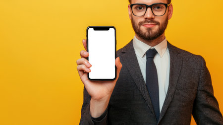 A man in a suit and glasses holds a phone with a white screen on a yellow background in his hand. Phone mockup. Business concept. A mobile application for a startup. Online shoppingの素材