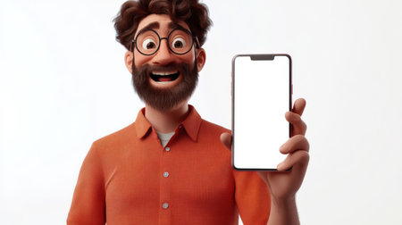 An ordinary man with glasses and a beard holds a phone in his hand with an empty white screen on a white background. Cartoon-style phone mockup. The guy is smiling and delighted with the phoneの素材