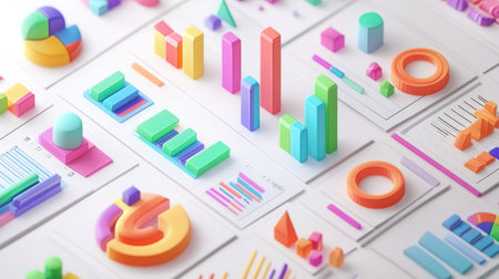 Business concept. Financial report. Infographics for data analysis. Statistics and accounting. A business development project. Colorful graphs, diagrams, and various shapes, including circles, squares, and triangles, are depicted on a white background.の素材