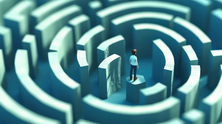 A man stands above the maze and scans the path. Risk and motivation. The scene is full of confusion and uncertainty. The concept of leadership and strategy. Making the most important decision in life.の素材