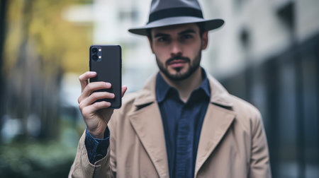A man in a black hat and a brown coat holds a phone in his hand. The detective is at work. The inspector uses mobile applications to monitor the object. Modern technologiesの素材