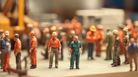 A workers' rally or strike. A group of men in work uniforms at an industrial enterprise. Heavy industry. Construction and manufacturing. The stage is a miniature model of a construction site.の素材