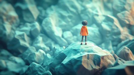 The concept of the challenge. A young girl stands on a rocky hill, looking at a boundless high mountain. Passing obstacles. The concept of surprise and curiosity. Loneliness in childhood. An obstacle in the wayの素材