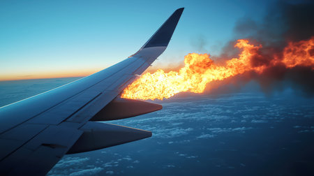Passenger plane crash. Plane crash in the sky. The plane's engine caught fire at sunset. The scene is dramatic and intense, and the fire creates a sense of danger and urgency. Travel and tourismの素材