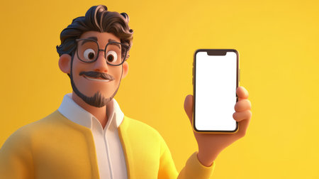 A middle-aged man in glasses, a white shirt and a yellow cardigan holds a phone with a white screen on a yellow background in his hand. Cartoon-style phone mockup. The concept of modern technology and the importance of communication in the modern worldの素材