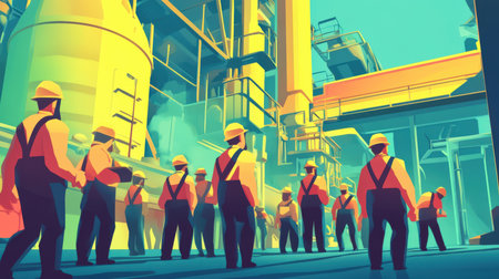 Strike of workers at a metallurgical enterprise. A large group of workers went to the rally. The concept of demonstration and discontent of the ordinary working class. Hard workの素材