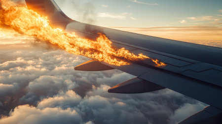 Plane crash. The plane is flying through the sky, and flames are shooting out from under the wing. The explosion of the engine of a flying plane. The scene is intense and dramatic. The concept of an airplane crash. Terrorism. The fire engulfed the wing of the aircraftの素材