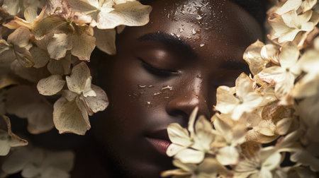 Black young man surrounded by delicate flowers, close-up. Influencer. A feeling of sorrow and sadness. A beauty salon for men. A sensual African. The concept of youthの素材