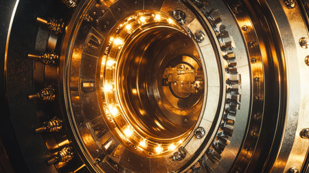 The door to the bunker. The round gold vault door in the bank. The concept of a metal door in a shelter from a nuclear explosion. The space reactor. Science and technologyの素材