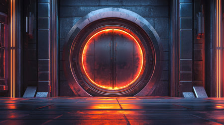 The safety door of a nuclear reactor. A large, luminous metal door with a round hole. The space gateway. Bank safe deposit box. Bunker. Shelter. The door to the subway tunnelの素材