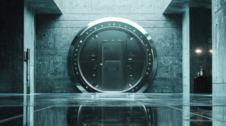 Bank vault. Data protection system. A large silver circular door is located in a large empty room. A bunker or a shelter. The room is dimly lit, and the door seems to be the only light source. The scene is creepy and mysteriousの素材