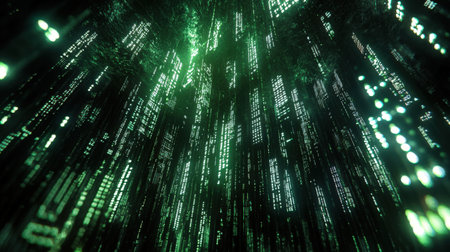 A green, neon-lit urban landscape with many buildings. Programmer's screen with green code on a black background. Hacking and programming. Cybersecurity. Artificial intelligence.の素材