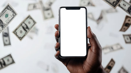 A black guy holds a mobile phone with a white screen in his hand against the background of falling money. Cash dollars. A phone mockup for advertising online casino games, bank deposits, or loansの素材