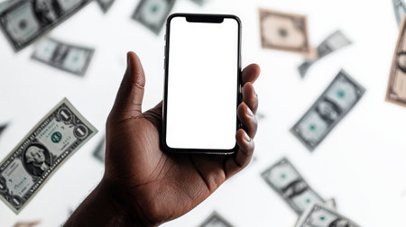 Close-up of a hand holding a cell phone at the moment of winning a large sum of money in the lottery. Phone mockup. Cash are dollars flying and falling down. Business and Financeの素材