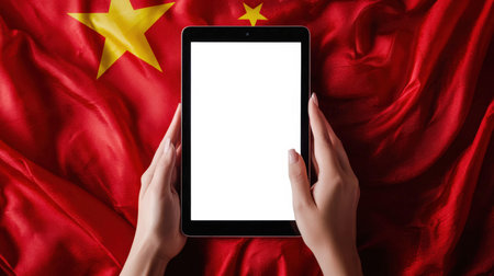 A woman flips through the pages of an online store with Chinese goods. Online shopping. A mockup of a black tablet with an empty screen. Chinese Flag Day. A white woman holds a tablet in her hands, top view, close-up.の素材