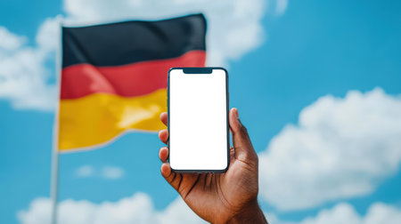 The concept of learning German. A mockup of a phone with an empty white screen. Patriotism and pride. Immigration and tourism. Citizenship and travel. A man holds a cell phone against the background of the German flag in a blue sky with white clouds.の素材
