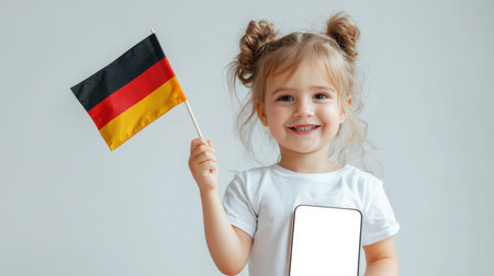 A pretty little German girl is holding a German flag and a tablet with an empty white screen. Tablet mockup. Presentation of online games for girls. Children's education in Germany. The concept of patriotism and pride in one's countryの素材