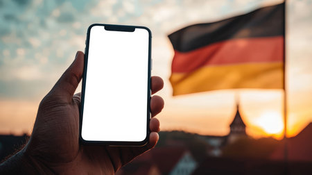 An invitation to the German Independence Day. The history of Germany. A mockup of the phone against the background of the German flag waving in the sky at sunset. A man holding a phone with a white screen in his hand for the presentation of a mobile application.の素材