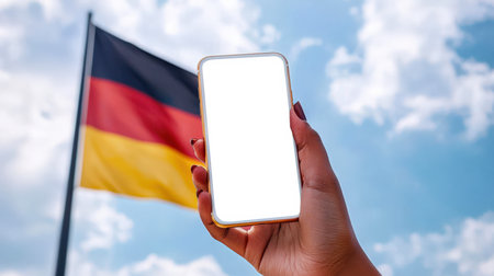 Welcome to Germany. The concept of travel and tourism in Germany. A mockup of a phone in a woman's hand against the background of the German flag fluttering in the wind. Patriotism and pride. Mobile App Advertisingの素材