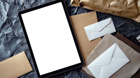 A black tablet with a white screen lies on the table next to a stack of various envelopes. Tablet mockup, top view. October 9th is World Mail Day. Modern technologies. Presentation of the website or applicationの素材