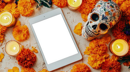 Top view of a silver tablet with a white screen surrounded by orange marigolds, burning candles and a decorative skull. Tablet mockup. The Mexican holiday is Death Day. November 1st. Website or app advertisingの素材