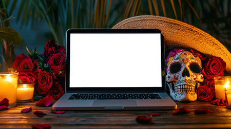 An open laptop with a white screen stands on a table with a decorative skull in a sombrero, a bouquet of scarlet roses and burning candles. Laptop mockup. Day of the Dead is an ancient traditional holiday. This scene creates an eerie and romantic atmosphere.の素材