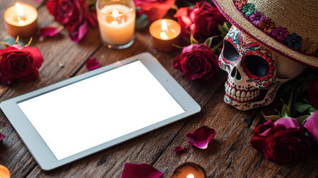 Day of the Dead is a holiday dedicated to the memory of the dead, held annually on November 1 and 2. Witchcraft and black magic. The mockup of the tablet is surrounded by a decorative skull, scarlet roses and burning candles. There is a tablet with an empty screen on the table.の素材