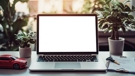 A laptop Mockup next to a red toy car, a contract, a car key, and a potted plant. An open laptop with a white screen for the presentation of a website about leasing. Car rental and sale. The manager's desktopの素材