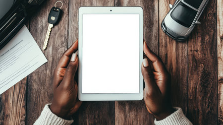 A close-up of a tablet with an empty screen in men's hands against the background of a wooden table with car keys, a toy car and a car lease agreement. Phone mockup, top view. Advertising a website or application.の素材